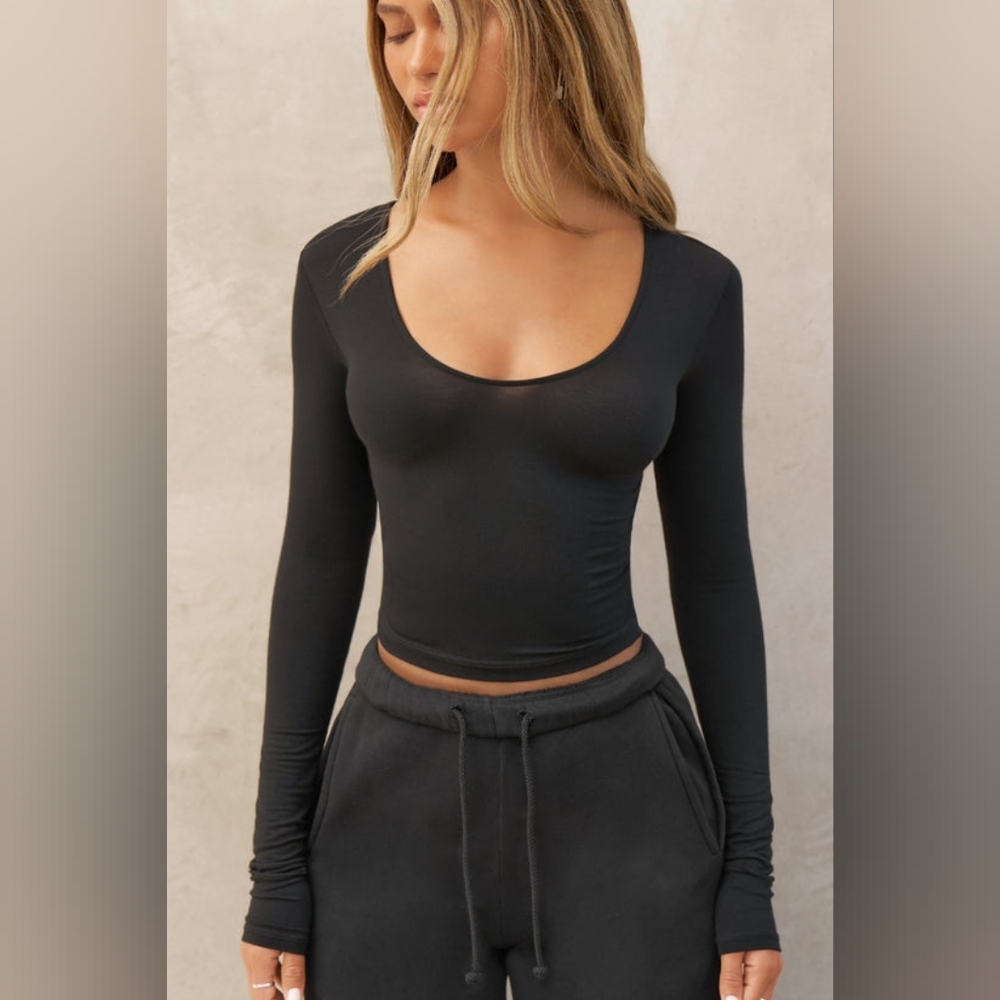joah brown scoop neck long sleeve shirt black sz xs/s
